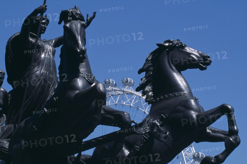 ENGLAND, London, Part view of the statue of Bodicea with the British Aiways London Eye just seen behind.
