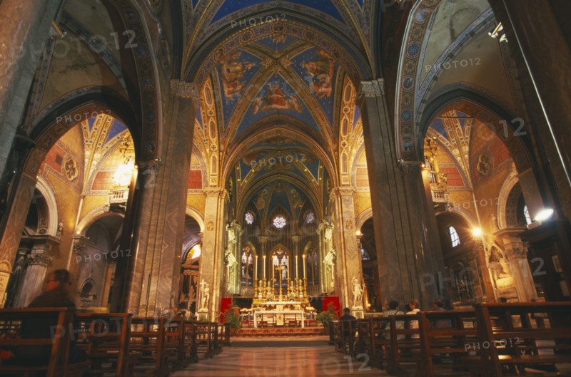 ITALY, Lazio, Rome, "Santa Maria sopra Minerva, 13th century Gothic church.  Interior view of vaulted nave.  "