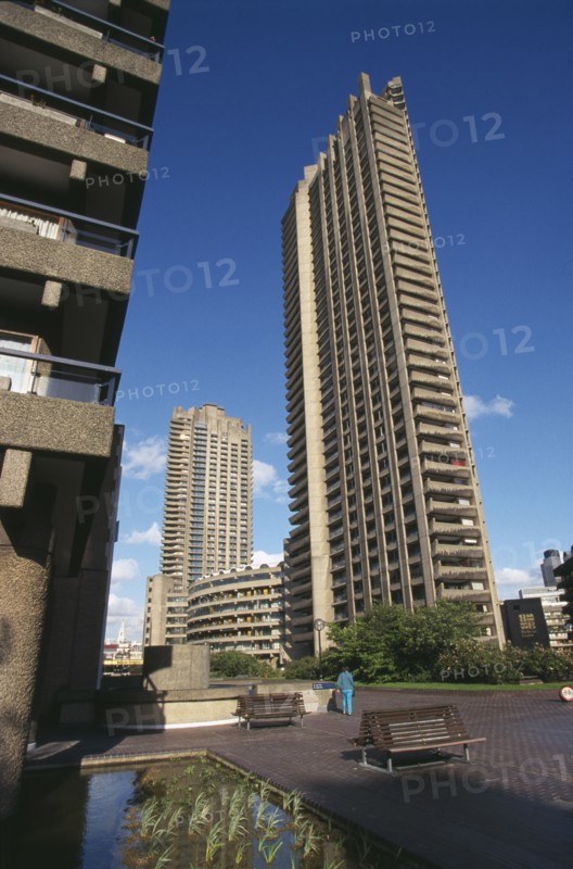 ENGLAND, London, "Barbican Housing Complex, high rise residential buildings, built in the 1960s."