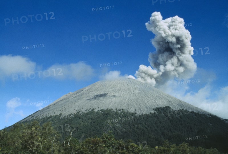 INDONESIA, Java, Mount Semeru, Smoke rising from the volcano as it erupts above the tree lined base with dust surrounding the summit