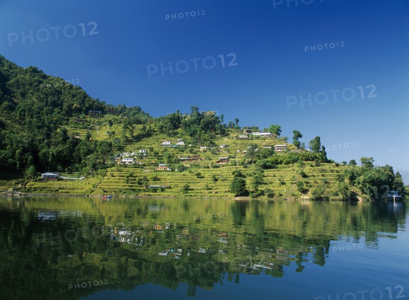 NEPAL, Annapurna Region, Pokhara, View over Lake Phewa with reflected terraced hillside with houses and trees.