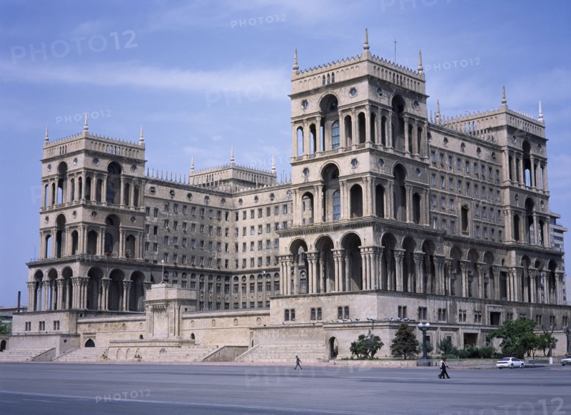 AZERBAIJAN, Baku, "Government House exterior, seen across empty road."