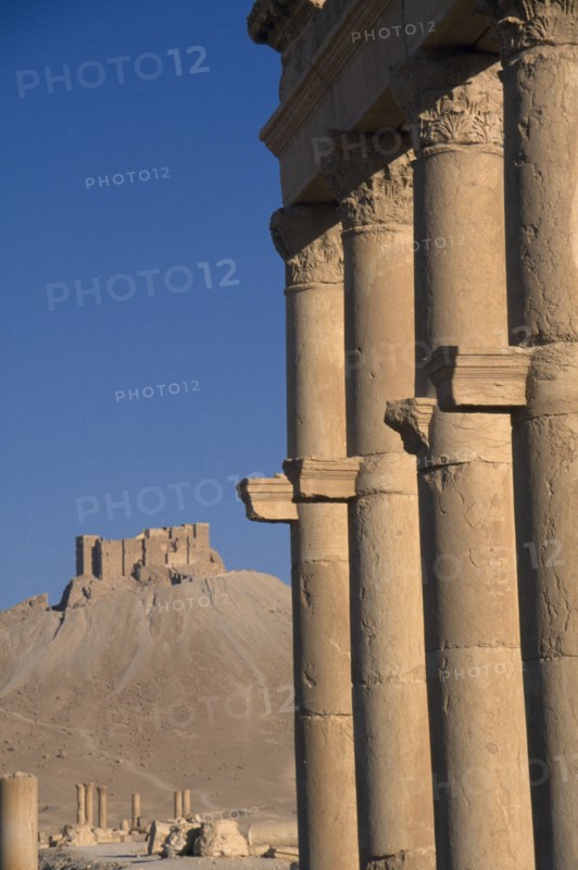 SYRIA, Central, Tadmur, View along colonnaded street with consoles projecting from each column and the Arab Castle or Qalaat Ibn Maan on the hilltop behind.  Palmyra
