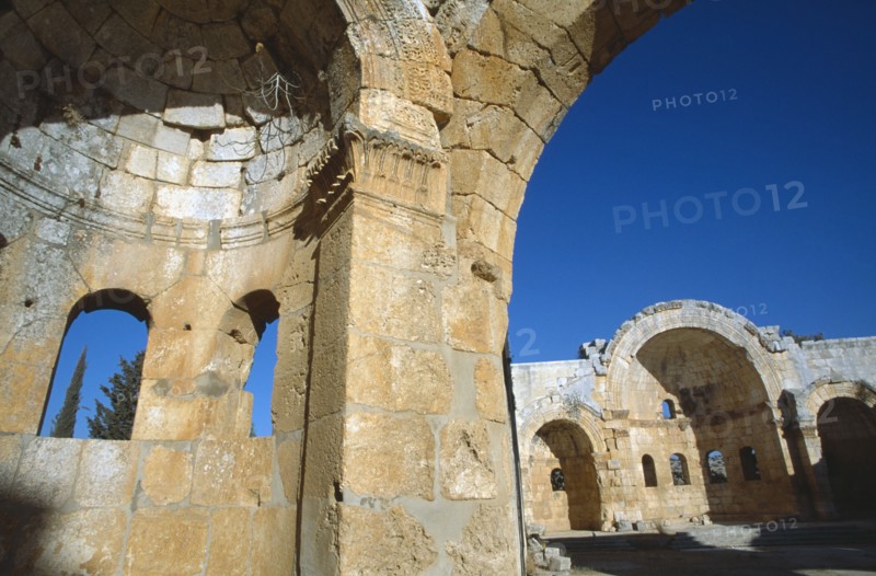 SYRIA, North, Qalaat Samaan, Church of Saint Simeon.  Detail of limestone archway and wall recess.
