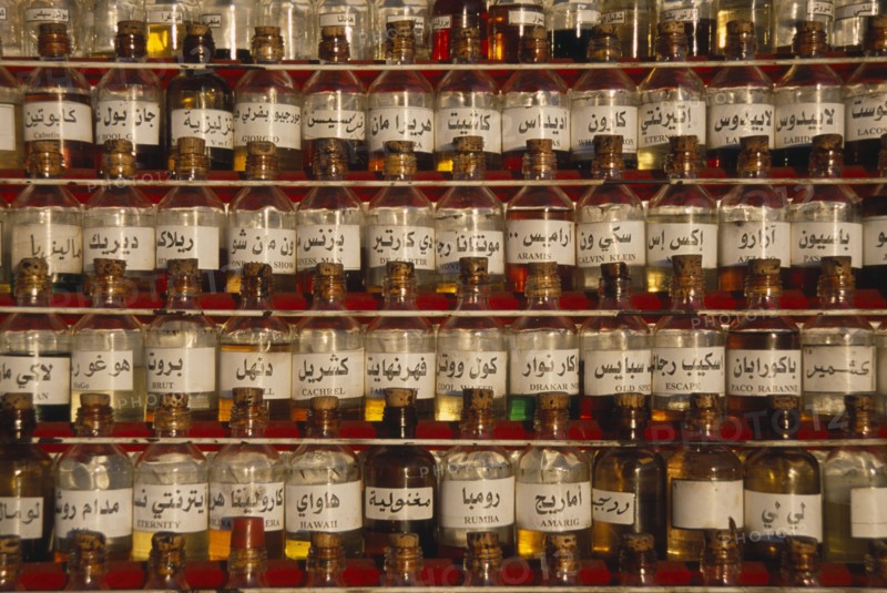 SYRIA, Central, Hims, Display of bottled perfumes. Homs