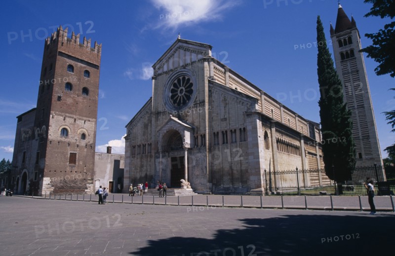 ITALY, Veneto, Verona, "Basilica di San Zeno Maggiore, exterior between bell tower on the right and another, crenellated tower on the left "