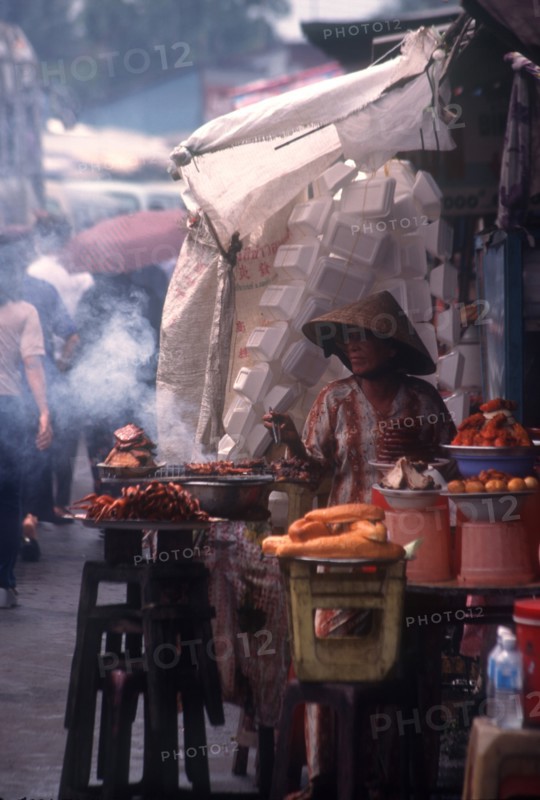 VIETNAM, Mekong Delta, Vinh Long, Woman cooking various meat dishes at a roadside market stall.