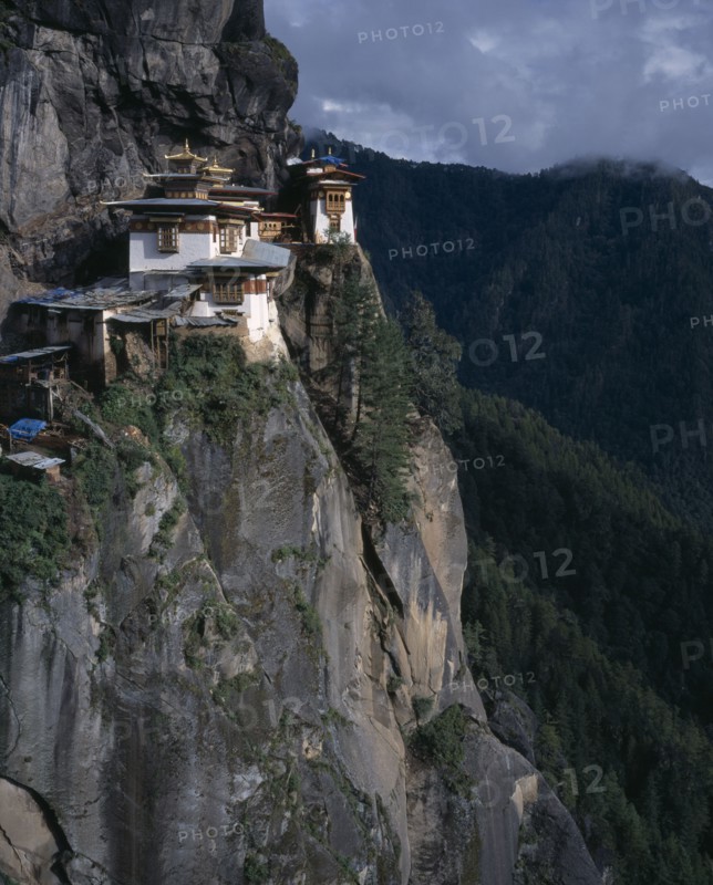 BHUTAN, Paro Valley, Taktshang Monastery, View of monastery situated high on cliff face.