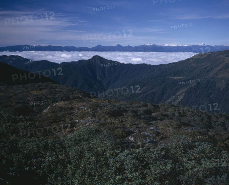 BHUTAN, Simkota Tsho, View from above towards mountain peaks.