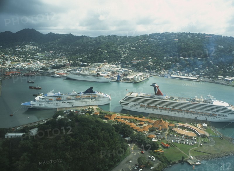 WEST INDIES, St Lucia, Castries, View over town and Port Castries with cruise ships from above.