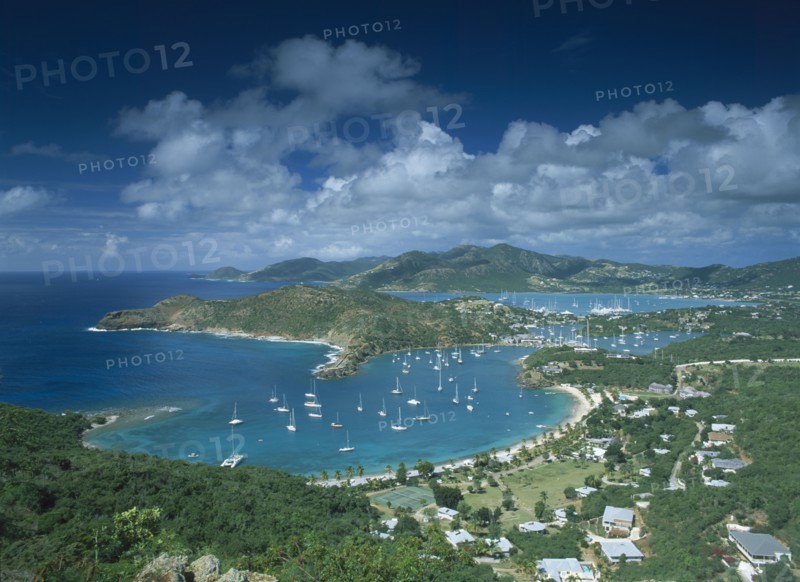 WEST INDIES, Antigua, Shirley Heights, View from Shirley heights over Falmouth and English Harbours and surrounding coastline.