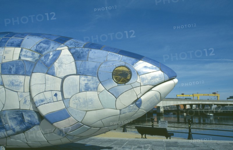 IRELAND, North, Belfast, Sculpture of fish next to Lagan Weir footbridge. Designs use Lasertran photocopies of old newspaper clippings.
