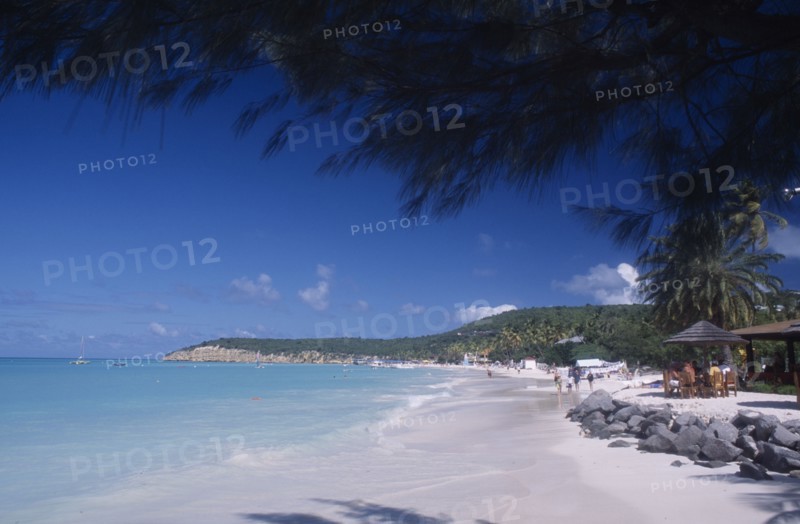 WEST INDIES, Antigua, Dickenson Bay, View along beach towards tree covered headland with people walking along shoreline and sitting under thatched sun umbrellas nearby.