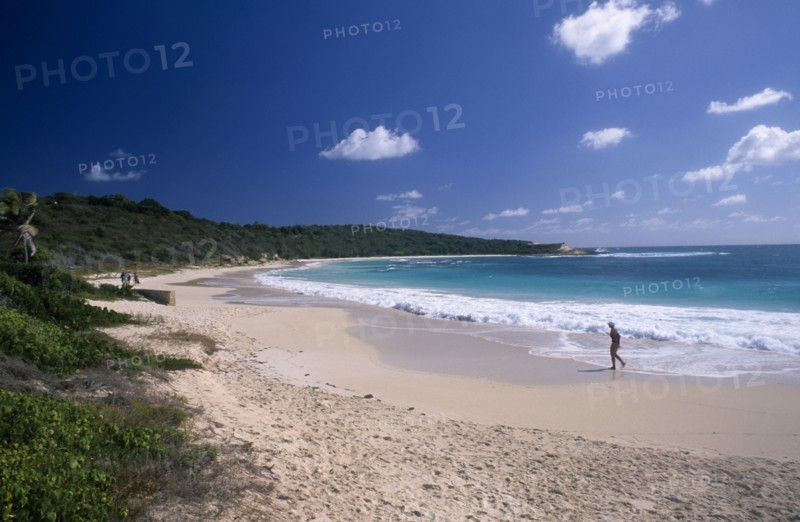 WEST INDIES, Antigua, Half Moon Bay, View over sandy beach and semicircular bay with woman walking along the waters edge.