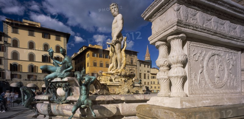 ITALY, Tuscany, Florence, "Piazza della Signoria.  Fontana di Nettuno, fountain designed in 1575 by Ammannati depicting Neptune surrounded by water nymphs."