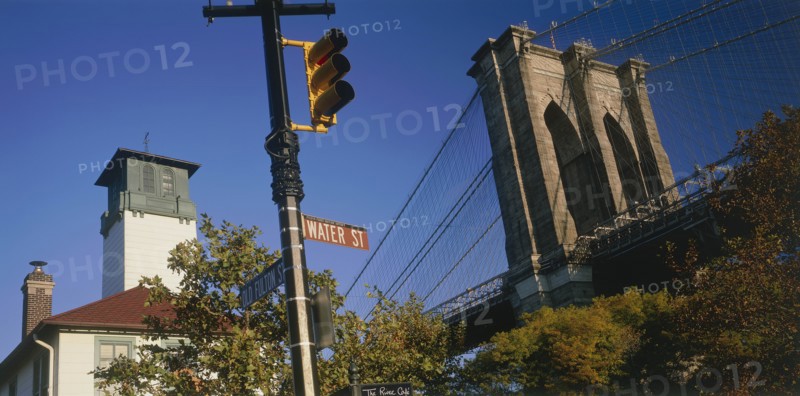 USA, New York State, New York, Part view of Brooklyn Bridge seen above trees with road sign and traffic lights in the foreground.