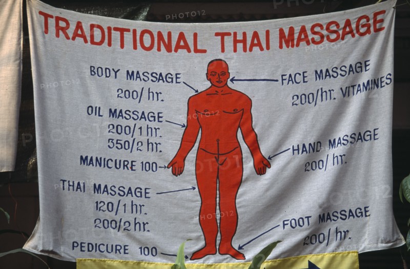 THAILAND, North, Chiang Mai, Traditional Thai massage banner with prices for various massages