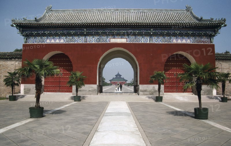 CHINA, Hebei, Beijing, Temple Of Heaven entrance gateway with the temple in the distance