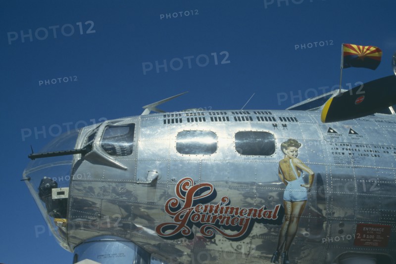 TRANSPORT, Air, Old Non-Fighter, US Army plane now Sentimental Journey exhibit.  Detail of exterior with painting of wartime pin-up Betty Grable.