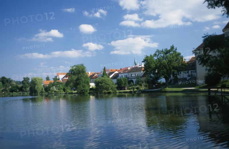 CZECH REPUBLIC, South Moravia, Telc, View over ponds surrounding the town.