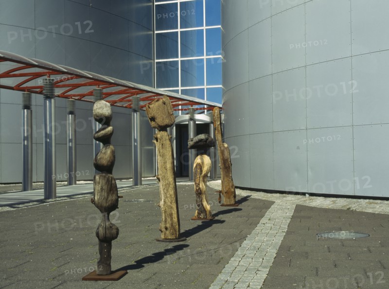 ICELAND, Reykjavik, "The Pearl. Entrance to the thermal heating storage and revolving retaurant complex, with wooden exhibition pieces lining the walkway."