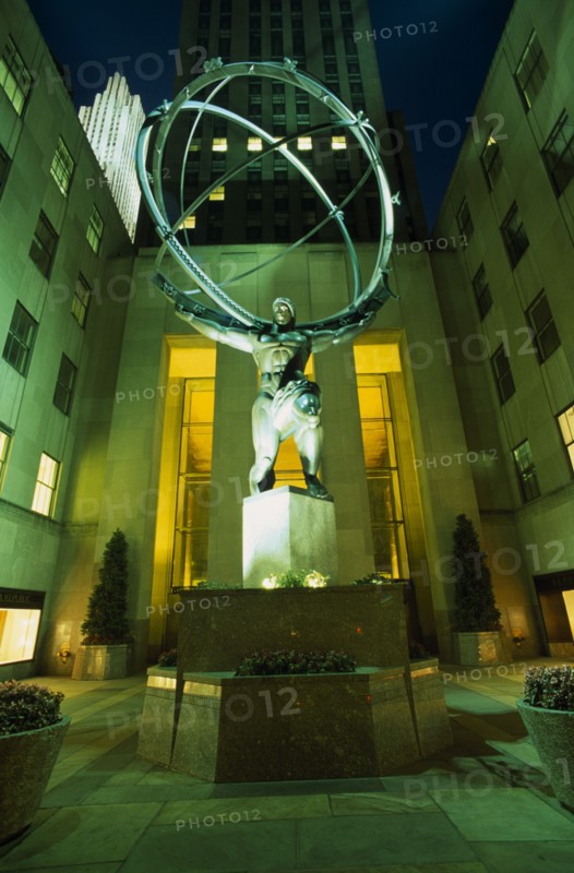 USA, New York , New York City, Rockerfella Centre with Lee Lawries Atlas illuminated at night