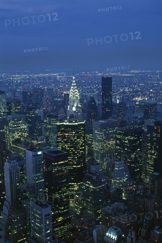 USA, New York , New York City, View over Mid Manhattan and the Chrysler building illuminated at night