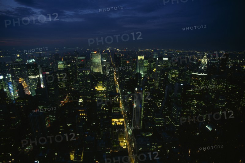 USA, New York , New York City, View over Mid Manhattan and the Chrysler building illuminated at night