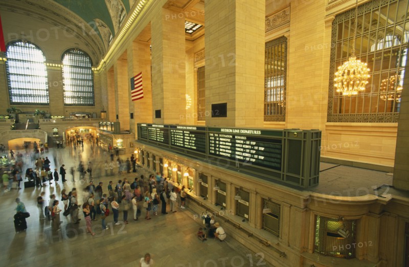 USA, New York, New York City, View over Grand Central Station with queues of people at the ticket office