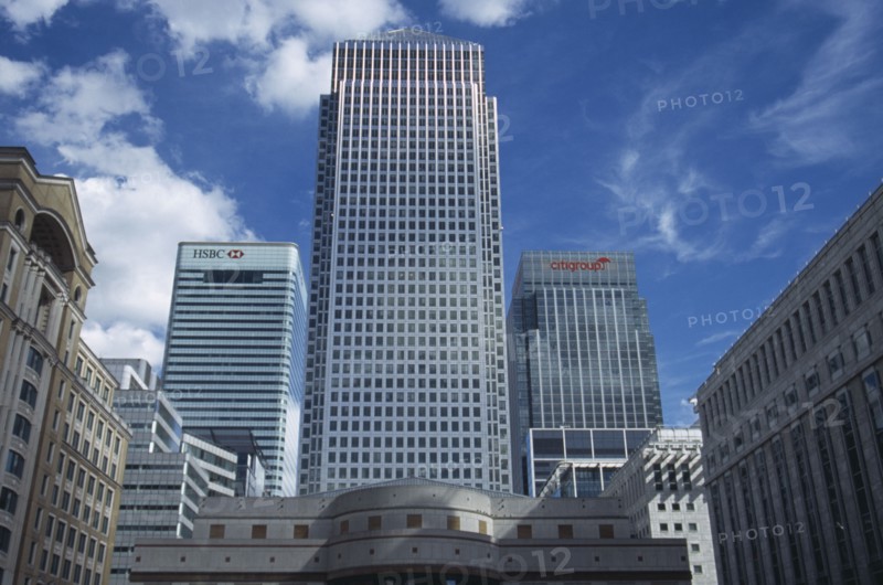 ENGLAND, London, "Canary Wharf, view looking up at the tower and surrounding architecture "