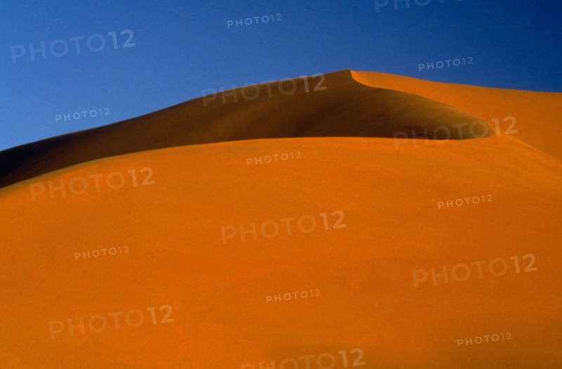 LIBYA, South West, Achan, Large orange desert sand dune with a clear blue sky