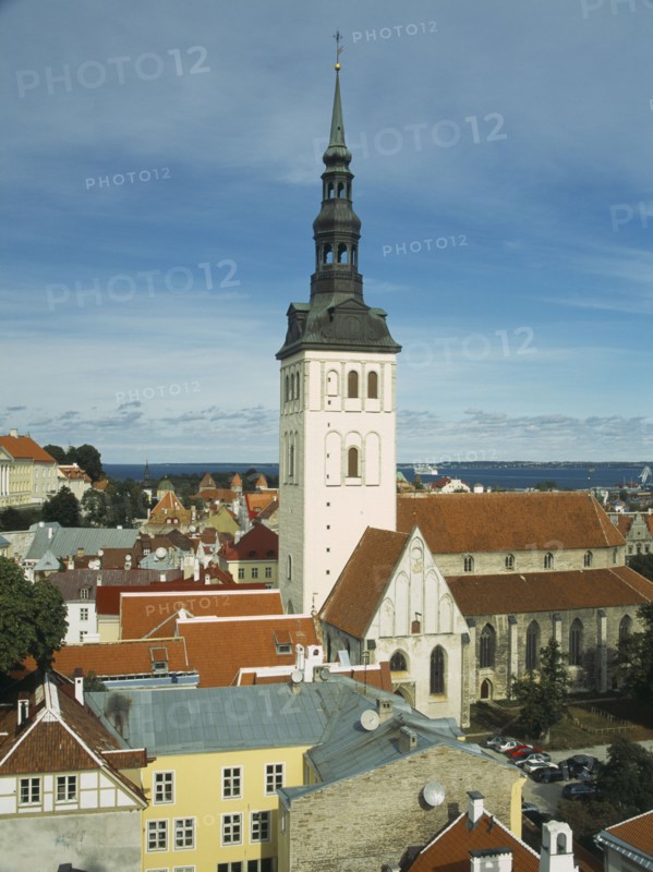 ESTONIA, Tallinn, View over fooftops towards the spire of Niguliste kirik or Saint Nicholas Church from Kiek in de Kok Tower.
