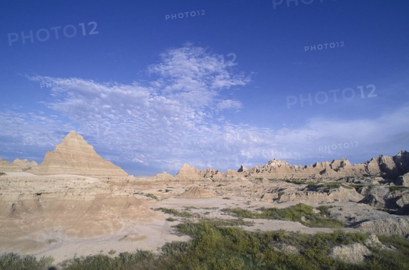 USA, South Dakota, Badlands National Park, Barren landscape with pyramid rock formations