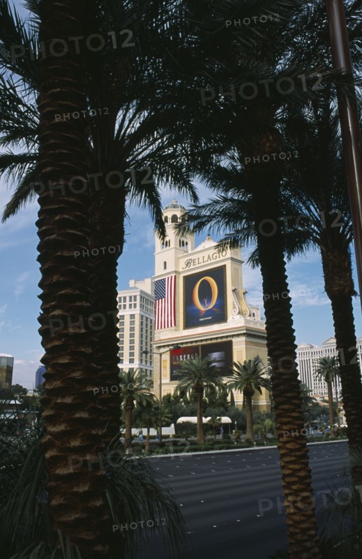 USA, Nevada, Las Vegas, Bellagio hotel sign advertising the ‘ O ‘ water based entertainment show seen through palm trees