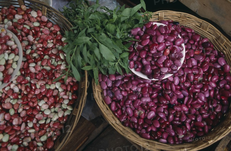 MEXICO, Chiapas, San Cristobal de Las Casas, "Pink, white and red shelled beans displayed in shallow baskets."