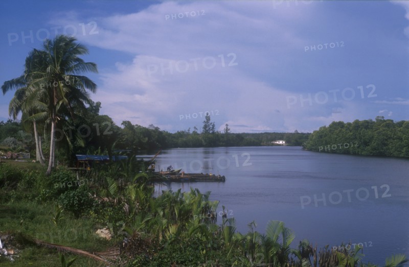 BRUNEI, Brunei River, View along broad stretch of river lined by jungle with man working on boat moored beside small jetty.