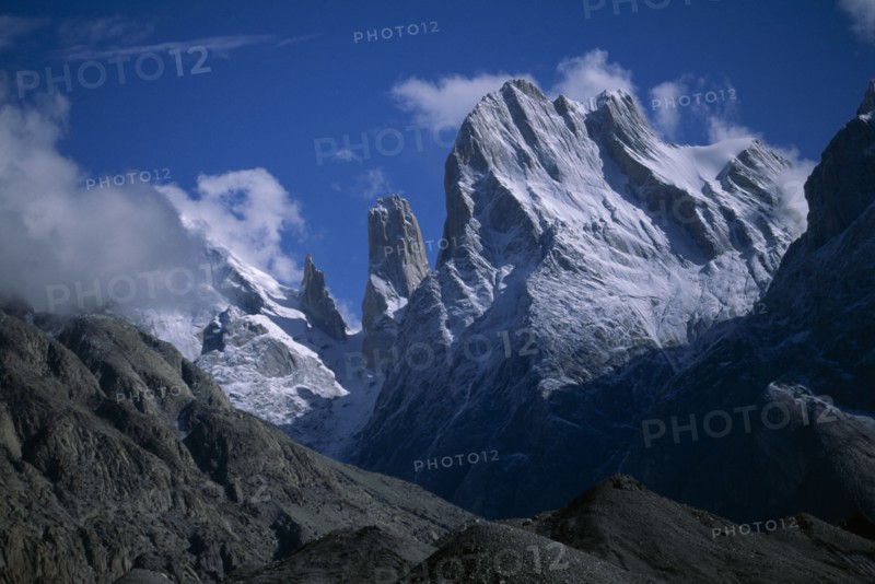 PAKISTAN, Karakoram Range, Trango Towers mountain peak and Balforo Glacier.