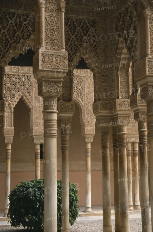 SPAIN, Andalucia, Granada, Alhambra Palace.  Detail of arches lining the Patio de los Leones.  Carved stucco dating from the Moorish Nasrid 13th century period.