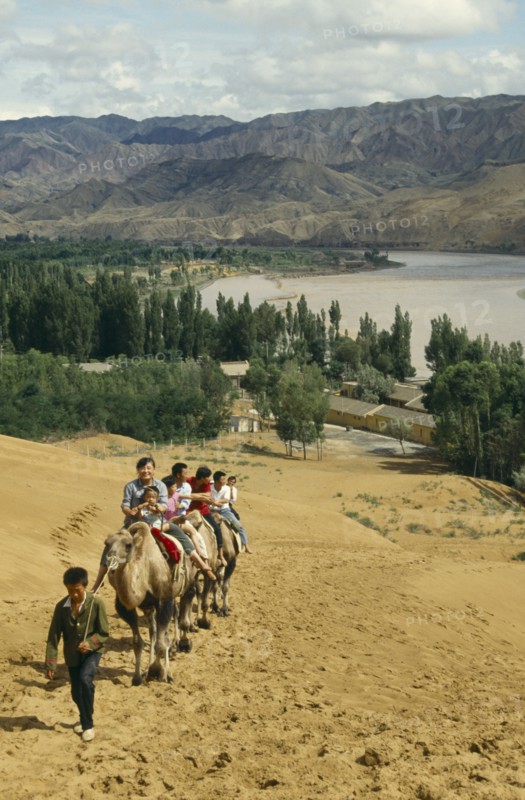 CHINA, Ningxia, Yellow River, People on traveling up hill on camels