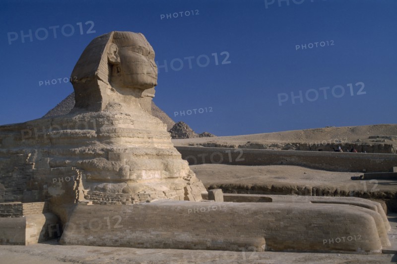 EGYPT, Cairo Area, Giza, The Sphinx restored with Pyramids and tourists on camels in the background