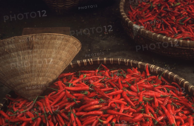 VIETNAM, Hanoi, Large shallow baskets of red chilli peppers at Hanoi market.