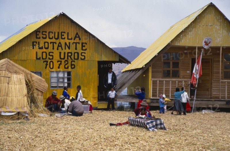 PERU , Puno Department, Lake Titicaca, General view of a school building on a floating reed island  Islas de los Uros