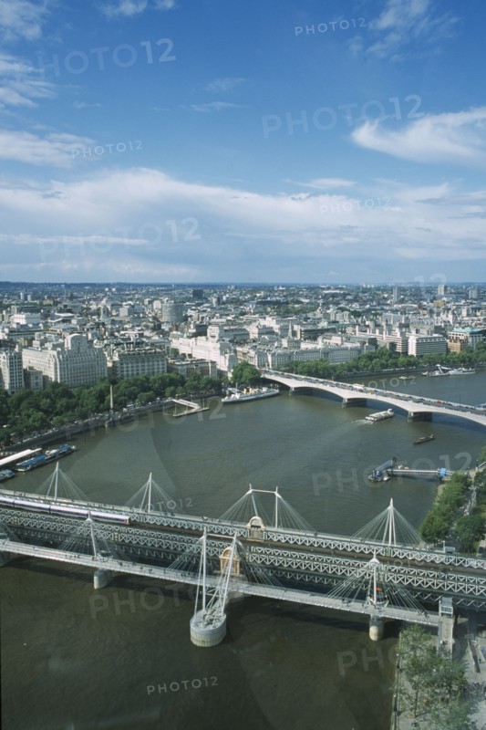 ENGLAND, London, View over the skyline and river Thames from the London Eye.