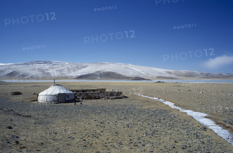 MONGOLIA, Bayan Olgii Province, View over Kazakh nomad camp with single yurt and livestock coral Rtnd 2 VKB 15/5/2009