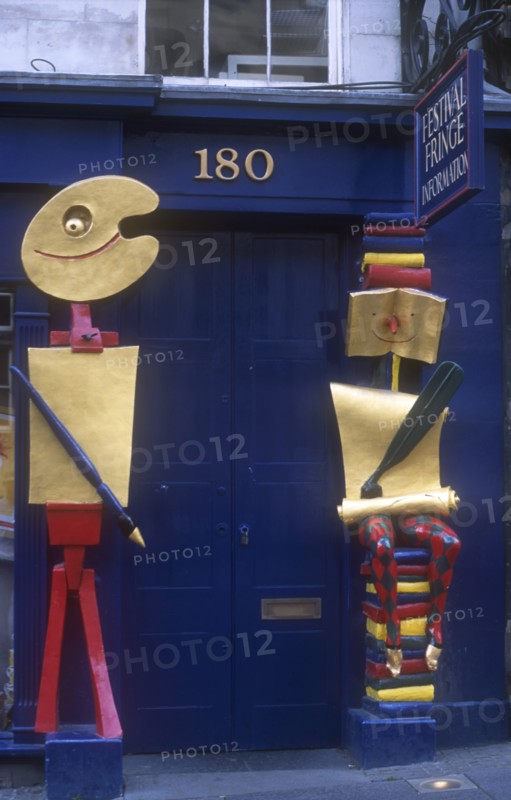 SCOTLAND, Lothian, Edinburgh, Sculptured doorway of the Fringe Festival Information shop
