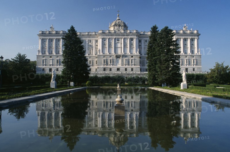 SPAIN, Madrid State, Madrid, Palacio Real or Royal Palace. West wing seen from the Jardines de Sabatini