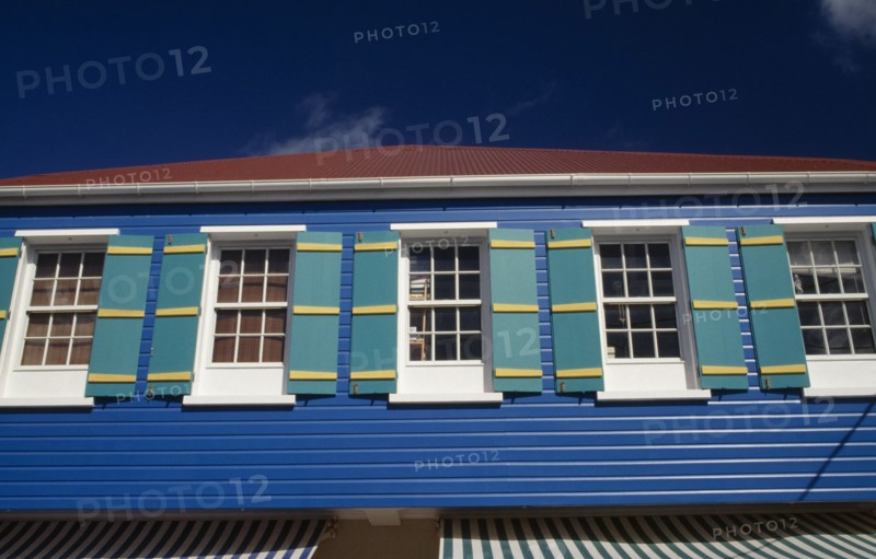 WEST INDIES, French Antilles, St Barthelemy, Gustavia.  Brightly painted town house.