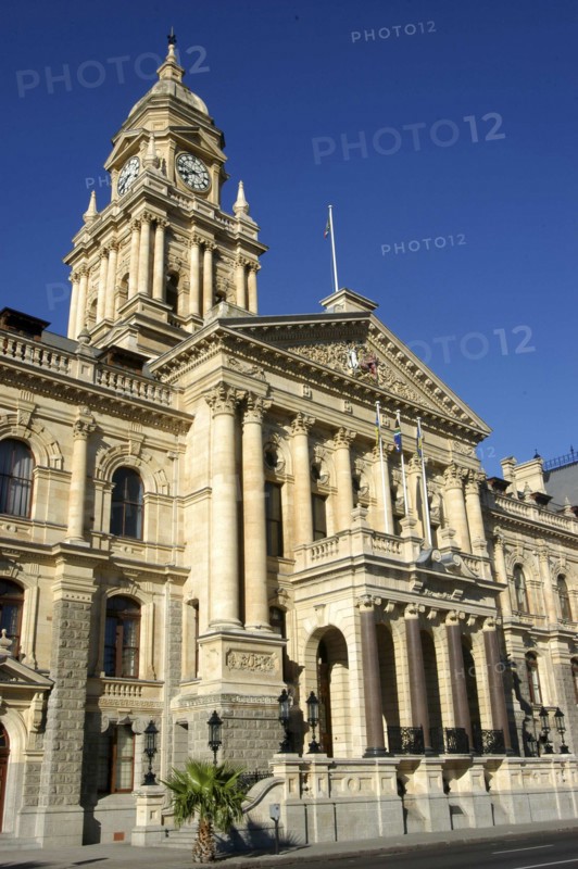 SOUTH AFRICA, Western Cape, Cape Town, City Hall neo classical facade and clock tower which is a half size replica of Big Ben in London