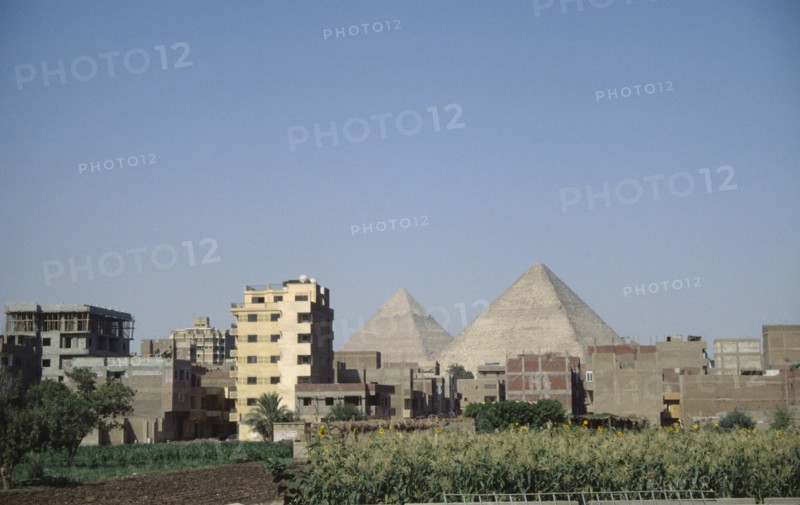 EGYPT, Cairo, City suburbs encroaching on the Pyramids at Giza.
