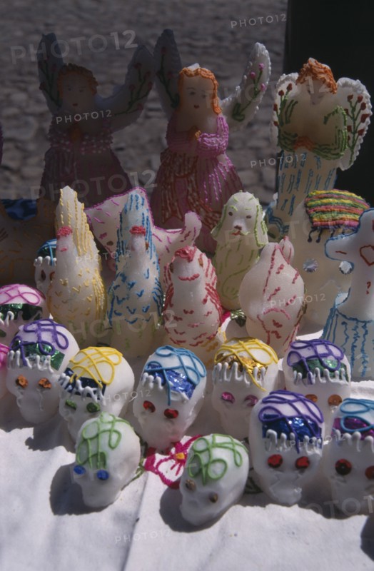 MEXICO, Michoacan, Patzcuaro, Day of The Dead sugar skulls and statues on sale